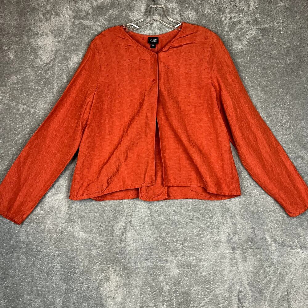 Eileen Fisher Blouse Womens S Silk Linen Orange Flowy Boho Long Sleeve V-Neck